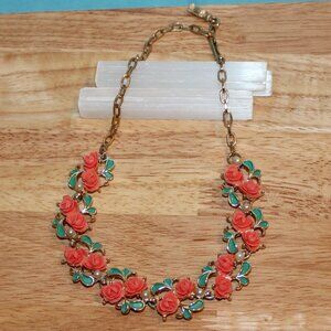 Vintage Coral Rose Flower & Faux Pearl Gold Tone Necklace 16" Metal Chain